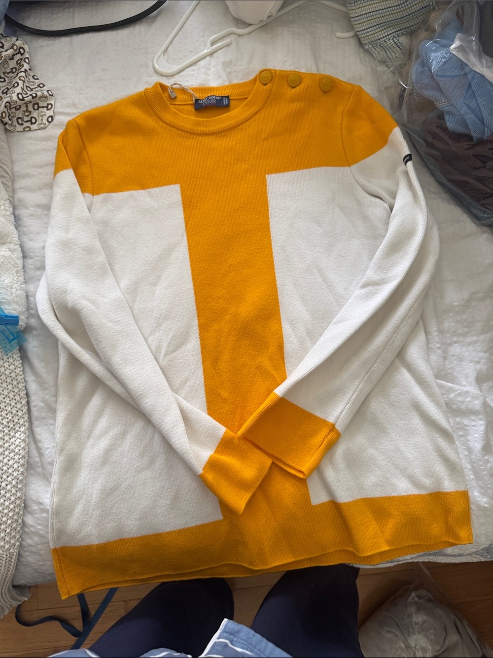 Saint James Men’s Colorblock Crewneck Sweater in Yellow and White